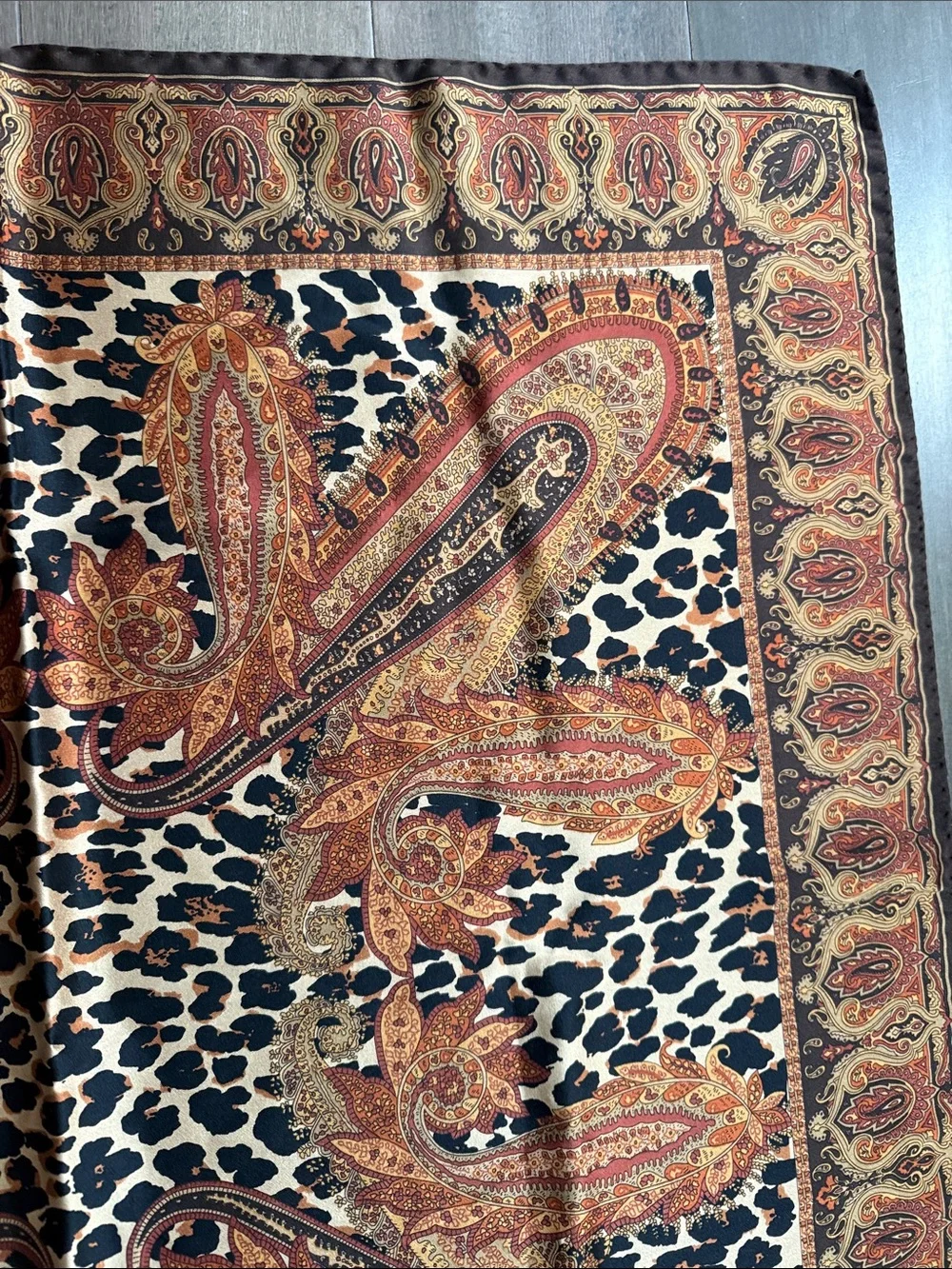 Vintage Silk Scarf Leopard & Paisley Print Square Scarf Brown Gold Accessory